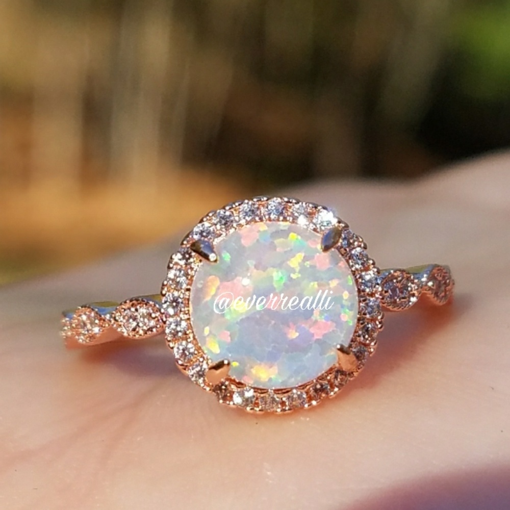 Rose Gold Round Opal Diamond Halo Milgrain Ring - Picture 7 of 7